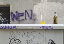 Bebidas y pintadas en una calle del centro de Guadalajara tyras la madrugada del domingo, 12 de septiembre de 2021. (Foto: La Crónic@)