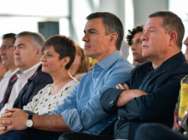 Rodríguez, Sánchez y García-Page juntos en un acto electoral el pasado 14 de mayo de 2023.