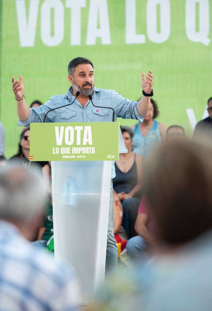 El presidente de Vox, Santiago Abascal, el 15 de julio de 2023 en Guadalajara. (Foto: EP)