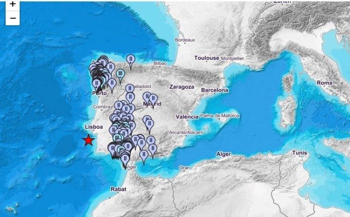 Mapa de intensidades del terremoto registrado al sur de Lisboa. (Fuente: IGN)