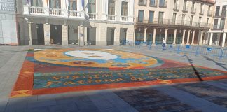 Alfombra de serrín preparada en la Plaza Mayor el 8 de septiembre de 2024. (Foto: La Crónic@)