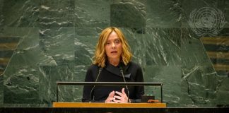 La primera ministra de Italia, Giorgia Meloni, ante la asamblea general de la ONU.