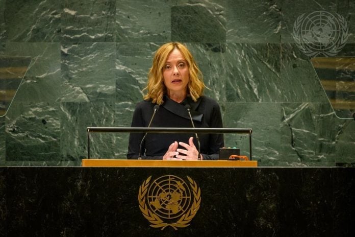 La primera ministra de Italia, Giorgia Meloni, ante la asamblea general de la ONU.