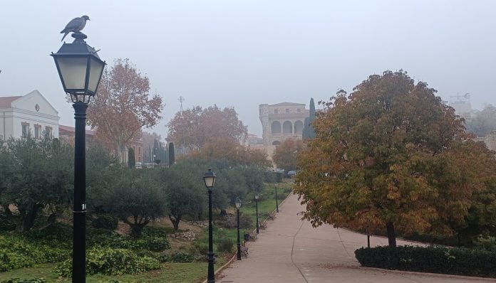 Al fondo, el Palacio del Infantado en una mañana de niebla de Guadalajara en diciembre de 2024. (Foto: La Crónic@)